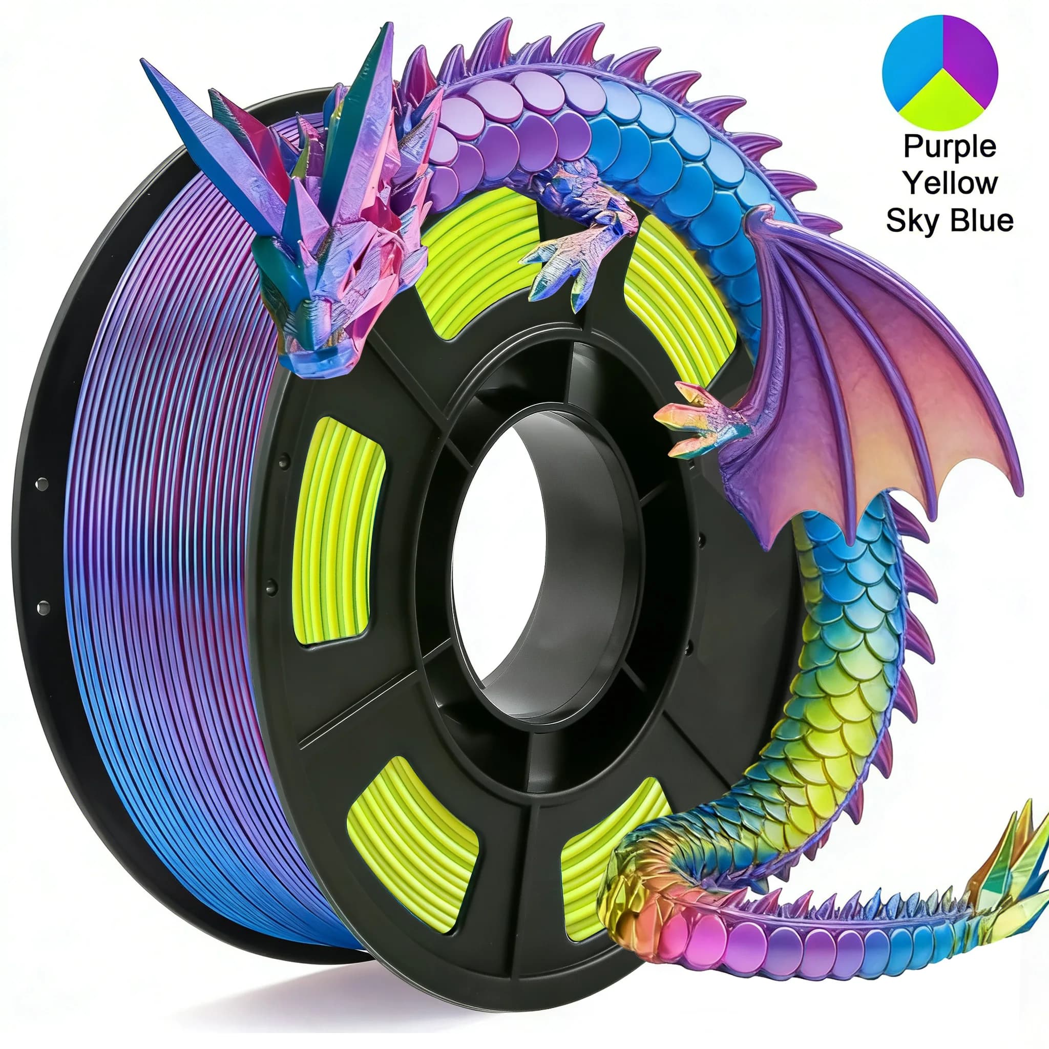 Tricolor Silk PLA 3D Printer Filament, 1.75mm Multicolor 3D Printing Filament, Purple&Sky Blue&